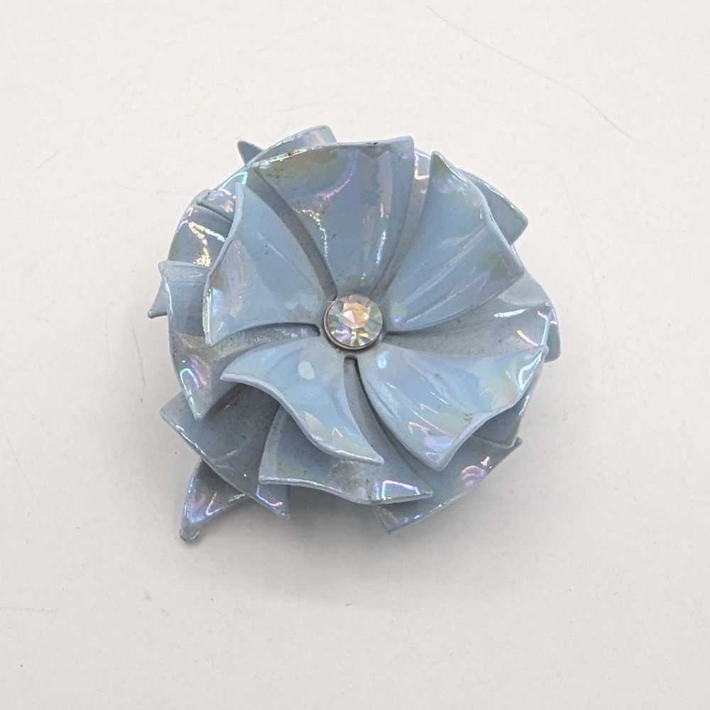 Vintage Iridescent Light Blue‎ Flower Brooch Rhinestone Center Floral Pin MCM